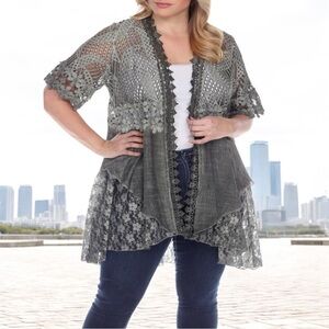 Simply Couture Floral Eyelet Lace Cutout Ruffle Short Sleeve Duster Cardigan 3X